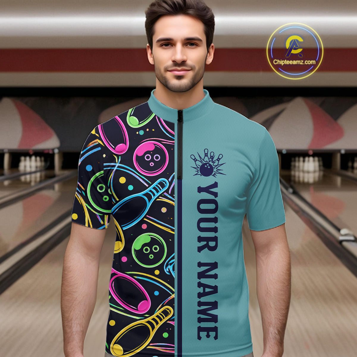 Personalized Funny Neon Bowing Shirt For Men, Retro Bowling Team Jersey Polo & 1/4 Zip | Teal TDM6187