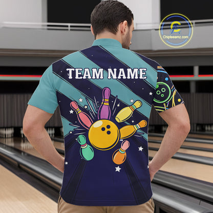 Personalized Funny Neon Bowing Shirt For Men, Retro Bowling Team Jersey Polo & 1/4 Zip | Teal TDM6187