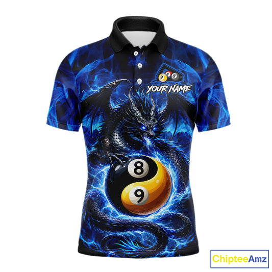 Blue 8 Ball & 9 Ball Fire Yin And Yang Dragon Billiard Shirt For Men Custom Pool Team Jersey TDM5841