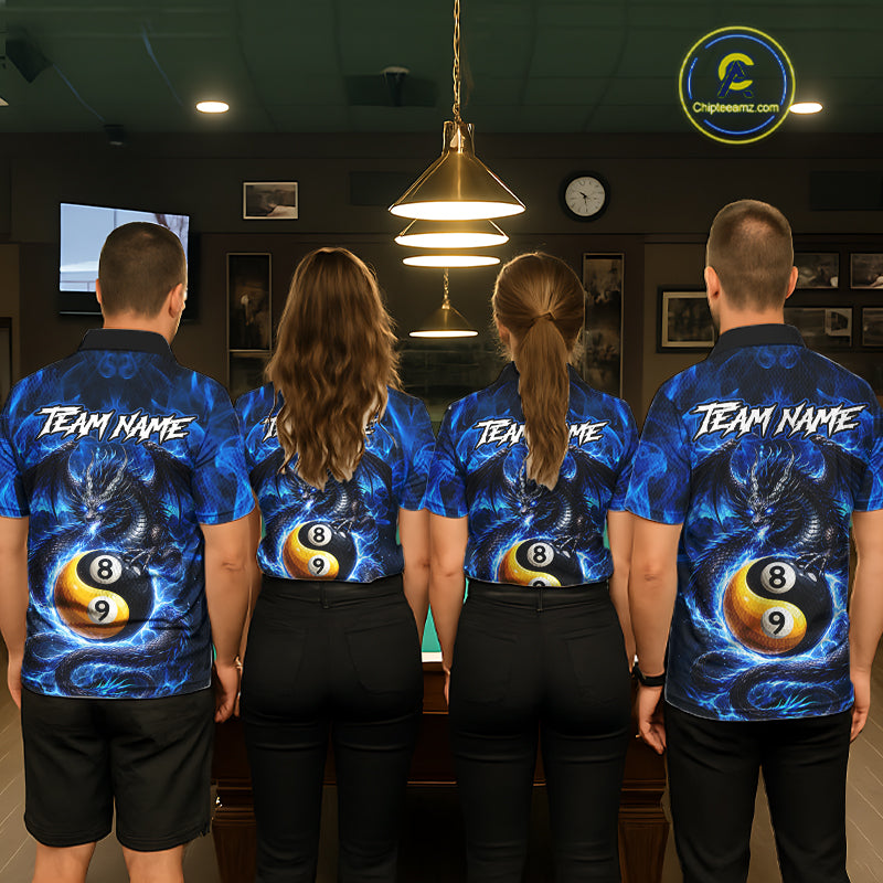 Blue 8 Ball & 9 Ball Fire Yin And Yang Dragon Billiard Shirt For Men Custom Pool Team Jersey TDM5841