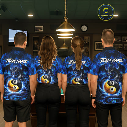 Blue 8 Ball & 9 Ball Fire Yin And Yang Dragon Billiard Shirt For Men Custom Pool Team Jersey TDM5841