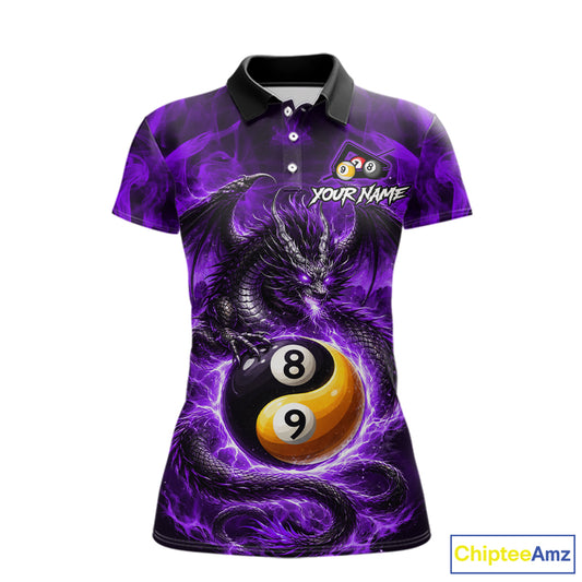 Purple 8 Ball & 9 Ball Fire Yin And Yang Dragon Billiard Shirt For Women Custom Pool Team Jersey TDM5843