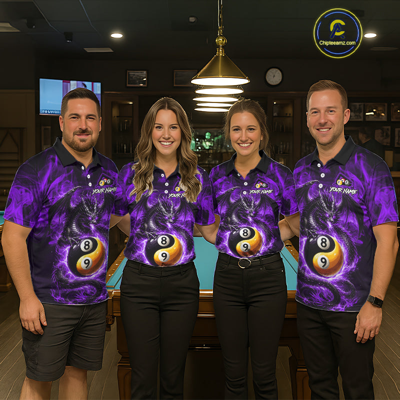 Purple 8 Ball & 9 Ball Fire Yin And Yang Dragon Billiard Shirt For Men Custom Pool Team Jersey TDM5843