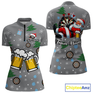 Funny Santa And Beer Christmas Darts Polo & 1/4 Zip For Women Custom Xmas Darts Shirt, Darts Gift TDM4911