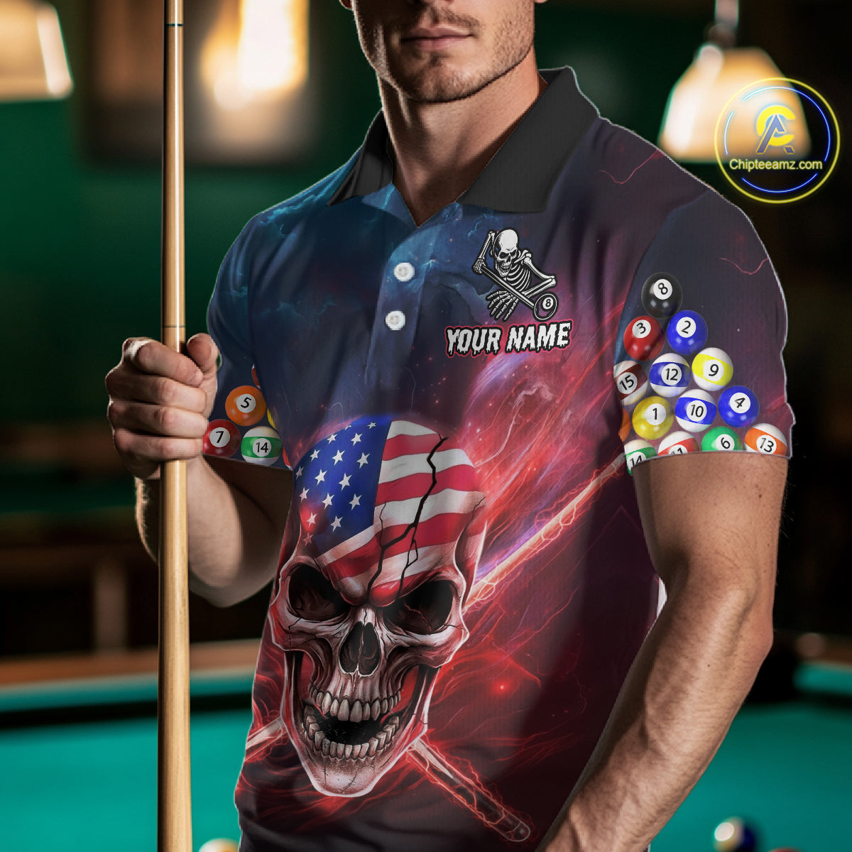US Flag Patriotic Skull Men's Billiard Shirt Custom Pool Team Shirt Billiard Jersey Polo & 1/4 Zip TDM5140