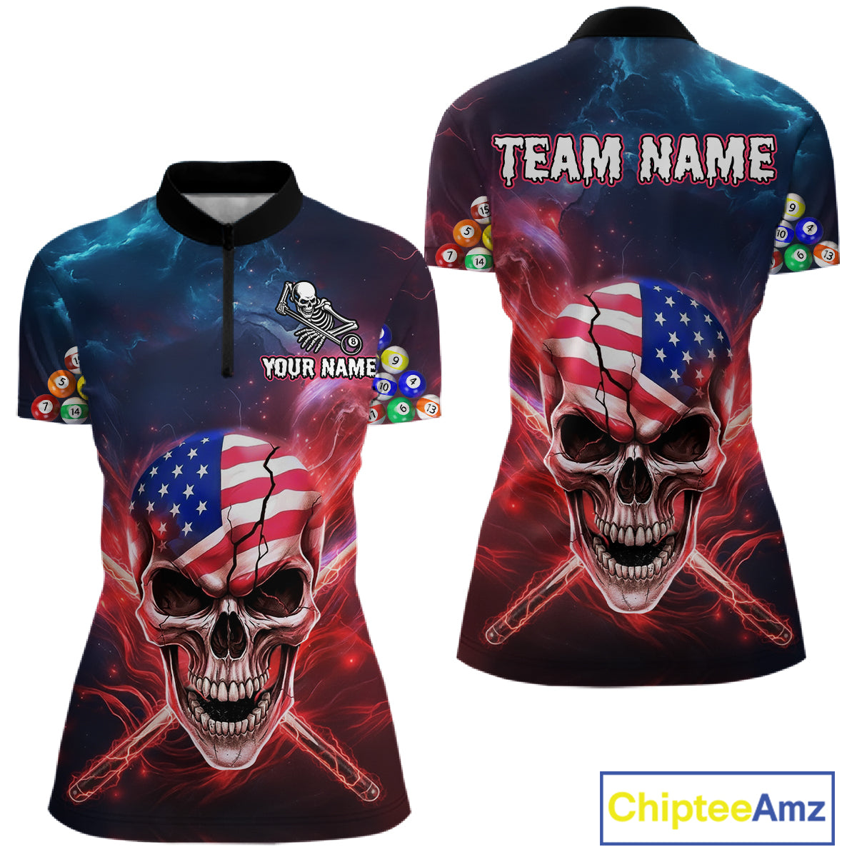 US Flag Patriotic Skull Women's Billiard Shirt Custom Pool Team Shirt Billiard Jersey Polo & 1/4 Zip TDM5140