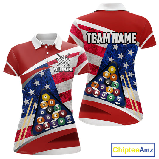 Personalized American Flag Billiard Shirt For Women Custom Patriotic Pool Team Jersey Polo & 1/4 Zip TDM5610