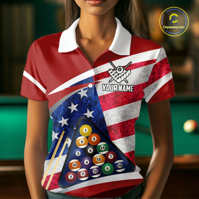 Personalized American Flag Billiard Shirt For Women Custom Patriotic Pool Team Jersey Polo & 1/4 Zip TDM5610