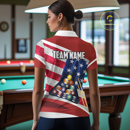 Personalized American Flag Billiard Shirt For Women Custom Patriotic Pool Team Jersey Polo & 1/4 Zip TDM5610