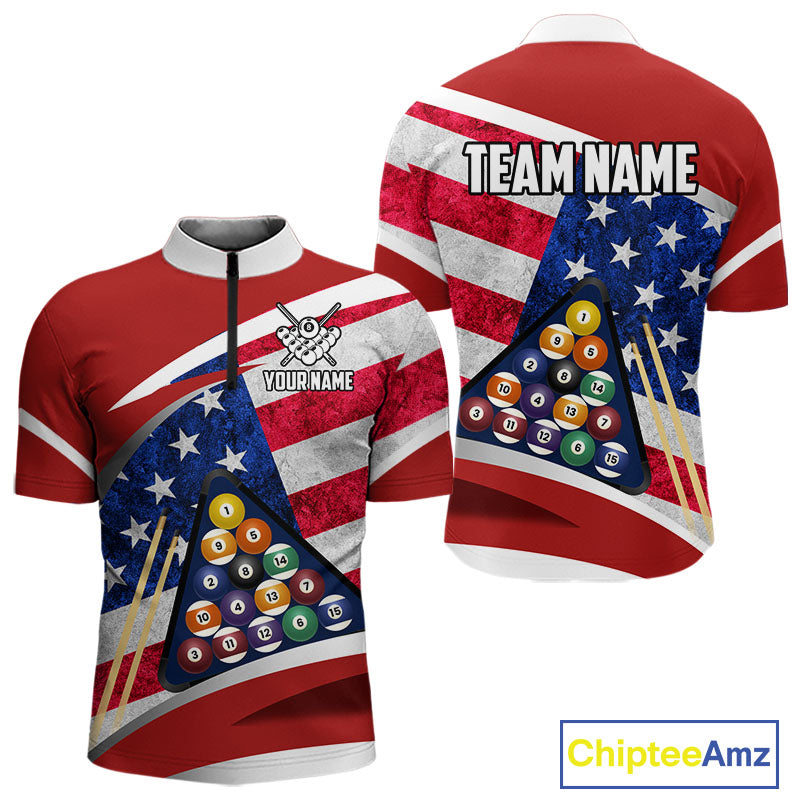 Personalized American Flag Billiard Shirt For Men Custom Patriotic Pool Team Jersey Polo & 1/4 Zip TDM5610