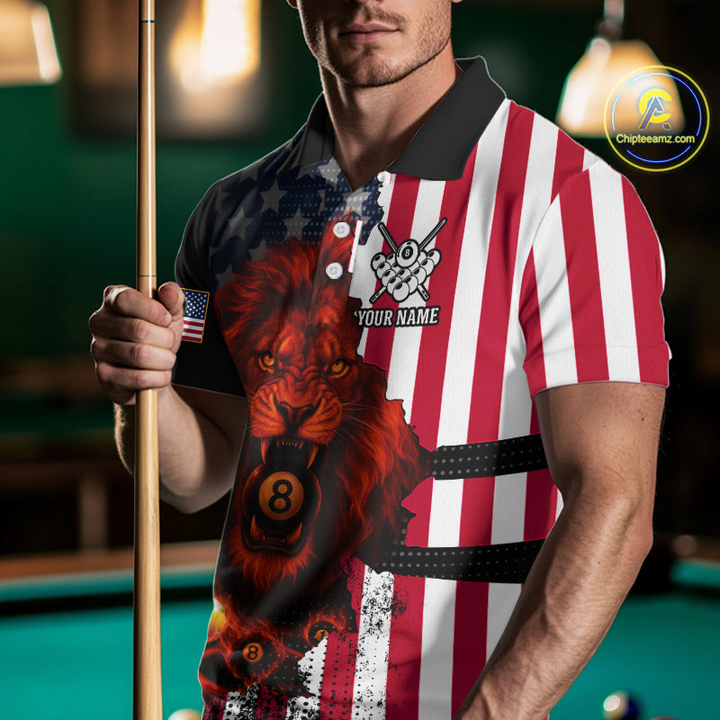 American Flag Lion 8 Ball Billiard Shirt For Men Custom Patriotic Pool Team Shirt Polo & 1/4 Zip TDM5341