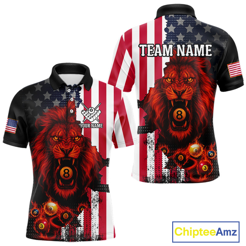 American Flag Lion 8 Ball Billiard Shirt For Men Custom Patriotic Pool Team Shirt Polo & 1/4 Zip TDM5341
