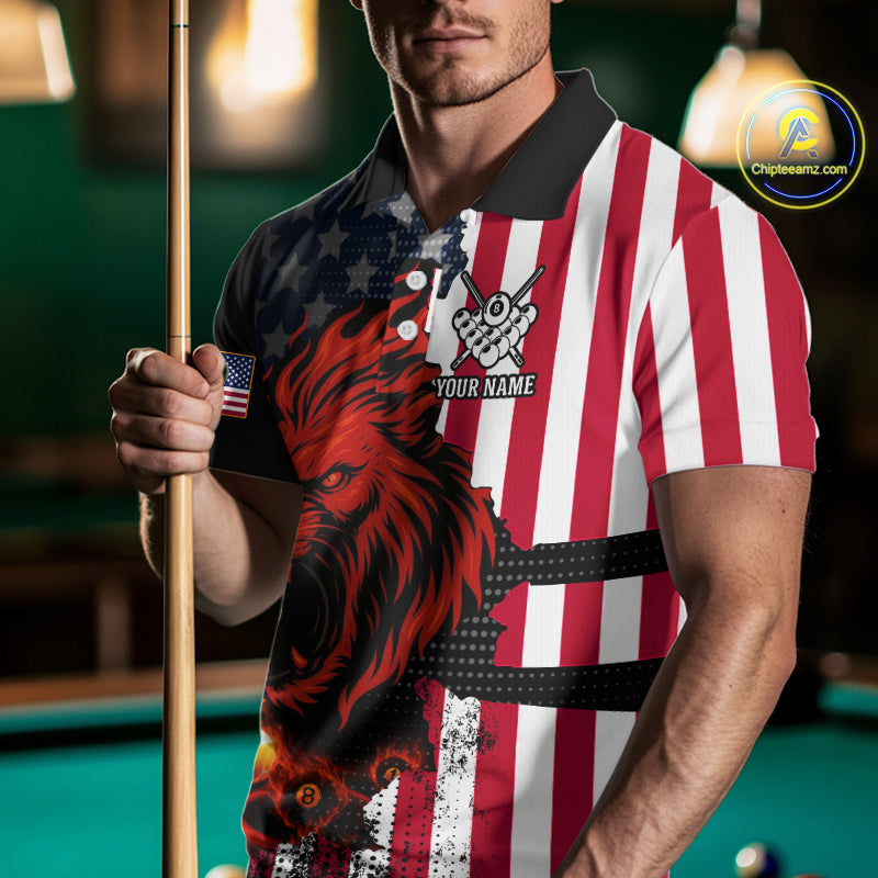 Personalized Lion American Flag Billiard Shirt For Men, 8 Ball Pool Team Jersey Polo & 1/4 Zip TDM5342