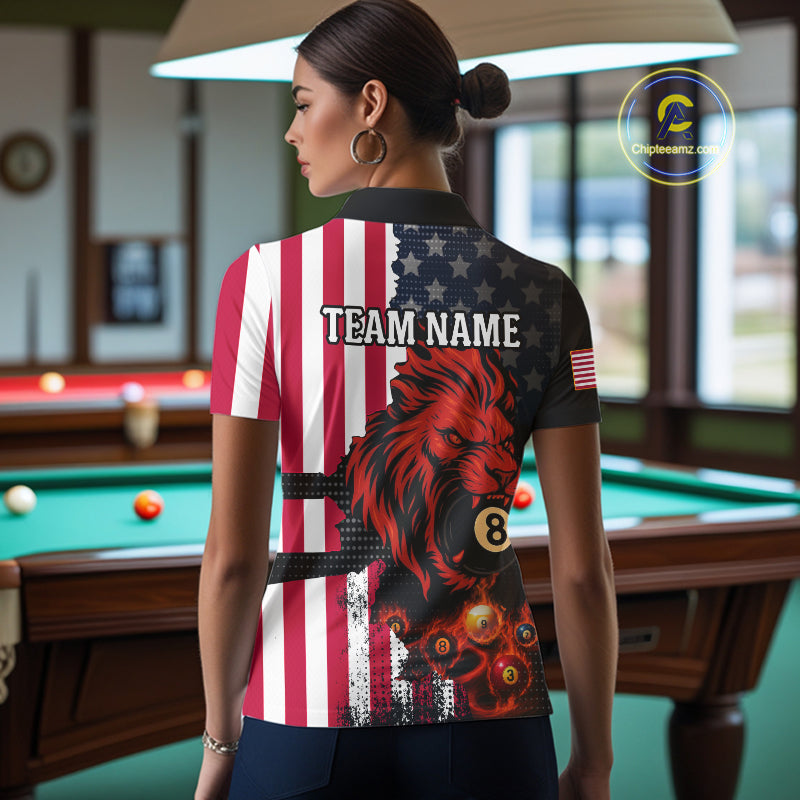 Personalized Lion American Flag Billiard Shirt For Women, 8 Ball Pool Team Jersey Polo & 1/4 Zip TDM5342