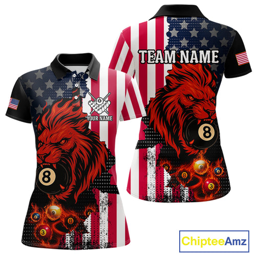 Personalized Lion American Flag Billiard Shirt For Women, 8 Ball Pool Team Jersey Polo & 1/4 Zip TDM5342