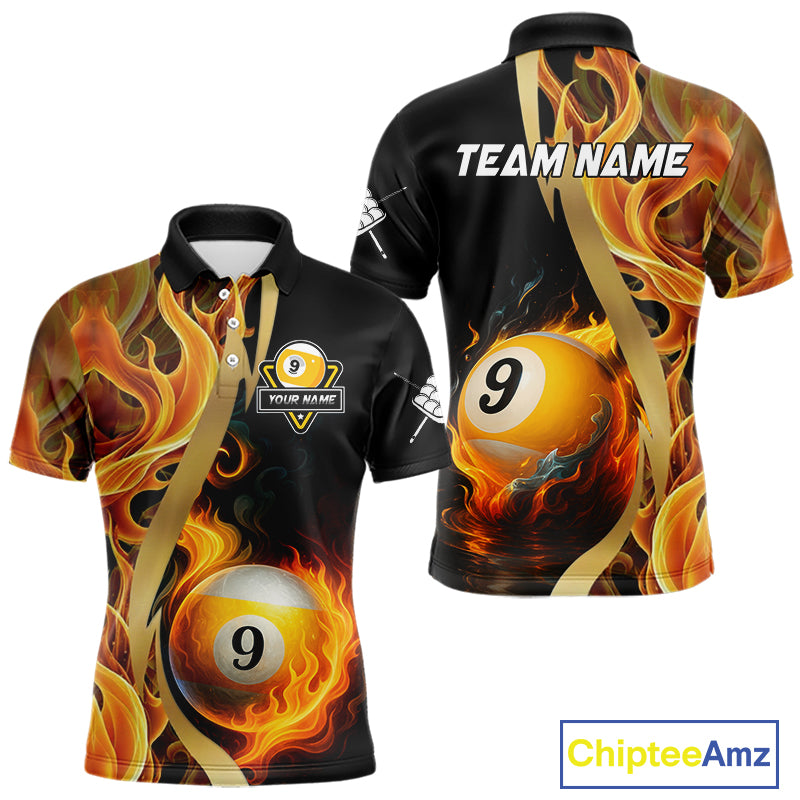 Personalized Fire Flame 9 Ball Pool Golden Billiard Shirt For Men, Billiard Jersey Polo & 1/4 Zip TDM5348