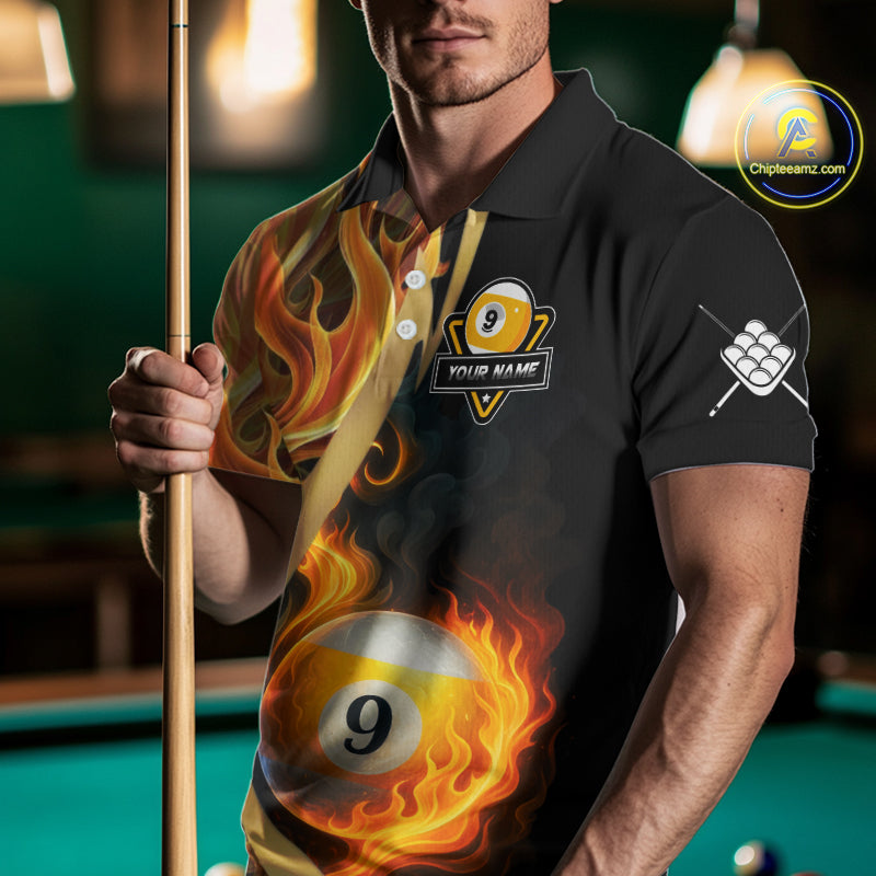 Personalized Fire Flame 9 Ball Pool Golden Billiard Shirt For Men, Billiard Jersey Polo & 1/4 Zip TDM5348
