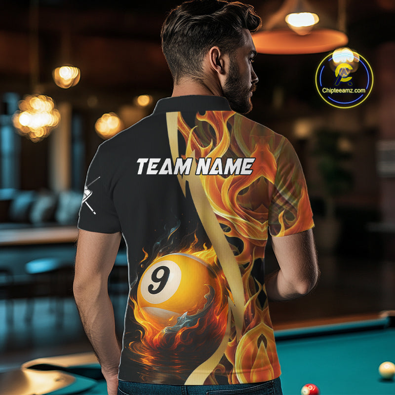 Personalized Fire Flame 9 Ball Pool Golden Billiard Shirt For Men, Billiard Jersey Polo & 1/4 Zip TDM5348