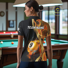 Load image into Gallery viewer, Personalized Fire Flame 9 Ball Pool Golden Billiard Shirt For Women, Billiard Jersey Polo &amp; 1/4 Zip TDM5348