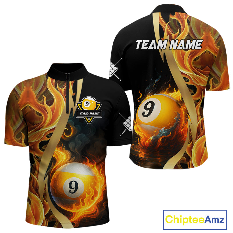 Personalized Fire Flame 9 Ball Pool Golden Billiard Shirt For Men, Billiard Jersey Polo & 1/4 Zip TDM5348