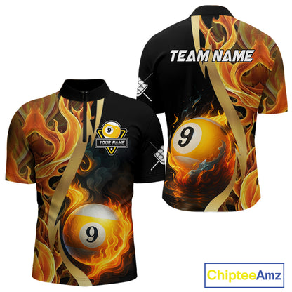 Personalized Fire Flame 9 Ball Pool Golden Billiard Shirt For Men, Billiard Jersey Polo & 1/4 Zip TDM5348