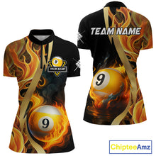 Load image into Gallery viewer, Personalized Fire Flame 9 Ball Pool Golden Billiard Shirt For Women, Billiard Jersey Polo &amp; 1/4 Zip TDM5348
