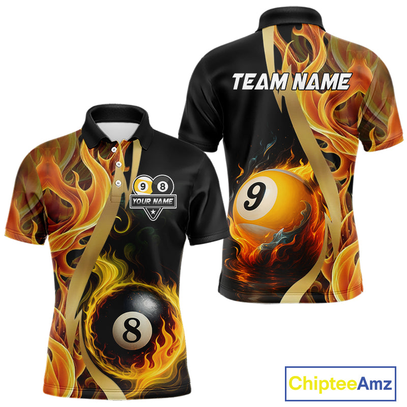 Orange 8 Ball & 9 Ball Fire Flame Billiard Shirt For Men Custom Pool Team Shirts, Billiard Jersey TDM5349