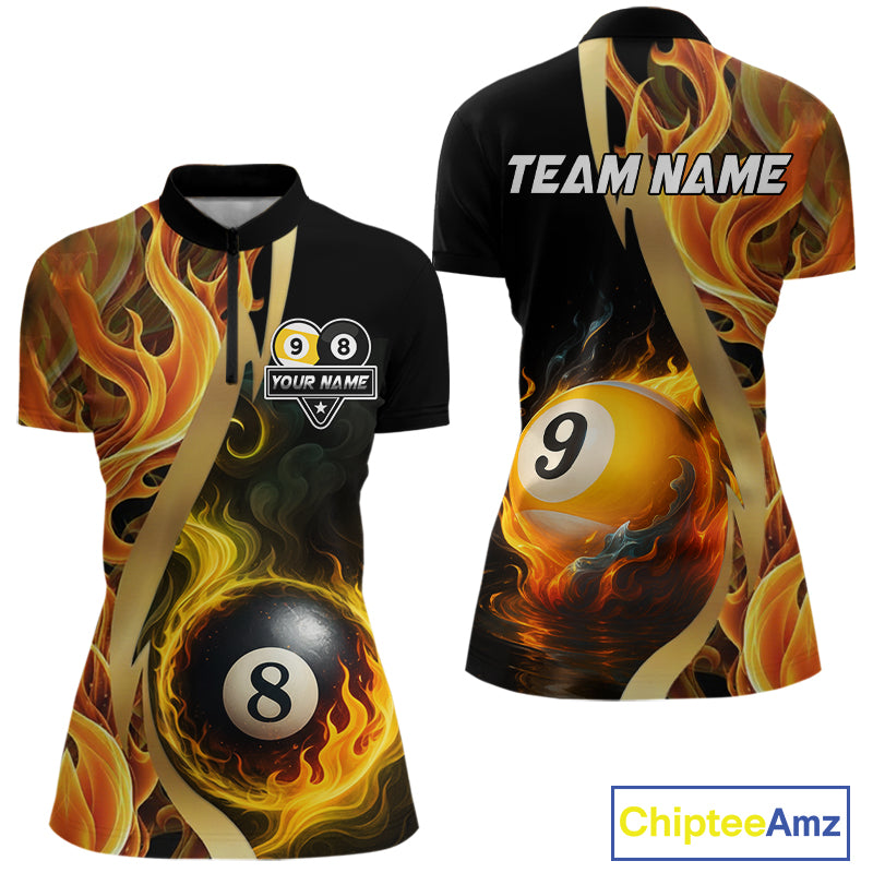 Orange 8 Ball & 9 Ball Fire Flame Billiard Shirt For Women Custom Pool Team Shirts, Billiard Jersey TDM5349