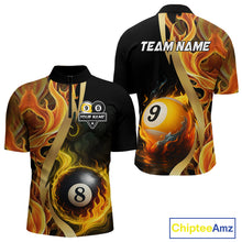 Load image into Gallery viewer, Orange 8 Ball &amp; 9 Ball Fire Flame Billiard Shirt For Men Custom Pool Team Shirts, Billiard Jersey TDM5349