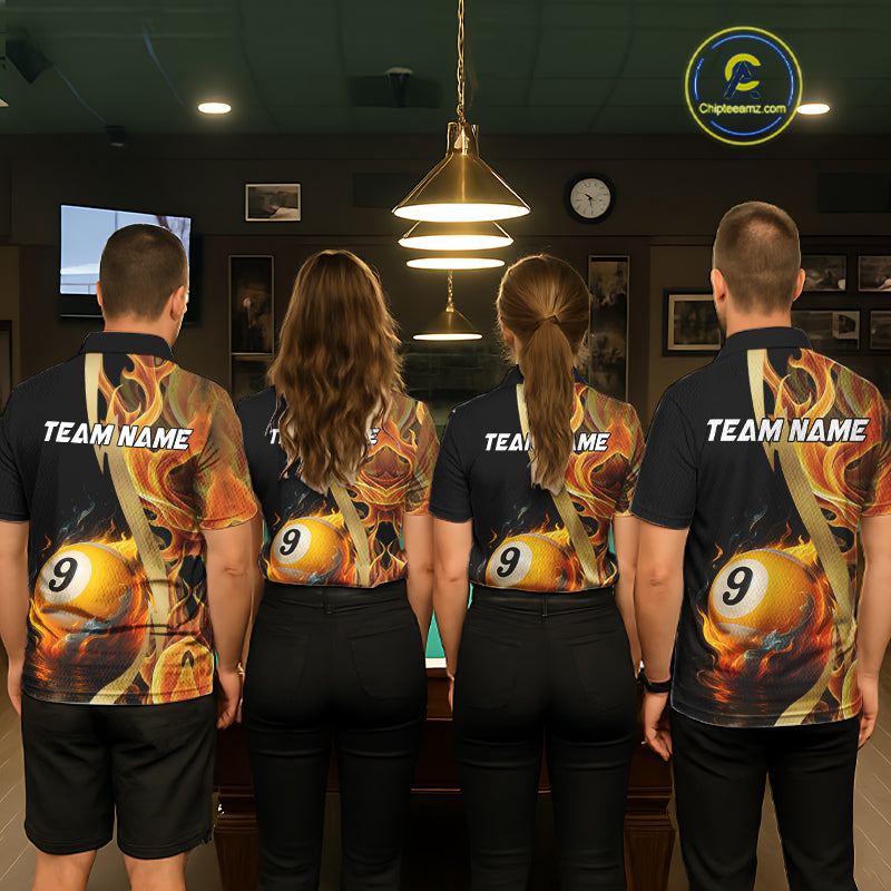 Orange 8 Ball & 9 Ball Fire Flame Billiard Shirt For Men Custom Pool Team Shirts, Billiard Jersey TDM5349