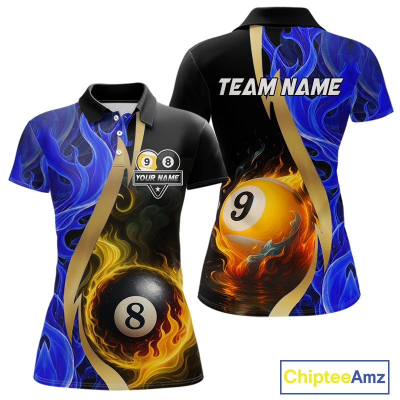 Blue 8 Ball & 9 Ball Fire Flame Billiard Shirt For Women Custom Pool Team Shirts, Billiard Jersey TDM5350