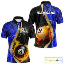 Load image into Gallery viewer, Blue 8 Ball &amp; 9 Ball Fire Flame Billiard Shirt For Men Custom Pool Team Shirts, Billiard Jersey TDM5350