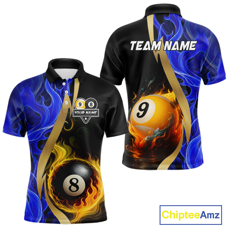 Blue 8 Ball & 9 Ball Fire Flame Billiard Shirt For Men Custom Pool Team Shirts, Billiard Jersey TDM5350