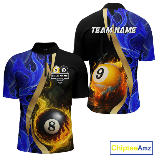 Blue 8 Ball & 9 Ball Fire Flame Billiard Shirt For Men Custom Pool Team Shirts, Billiard Jersey TDM5350