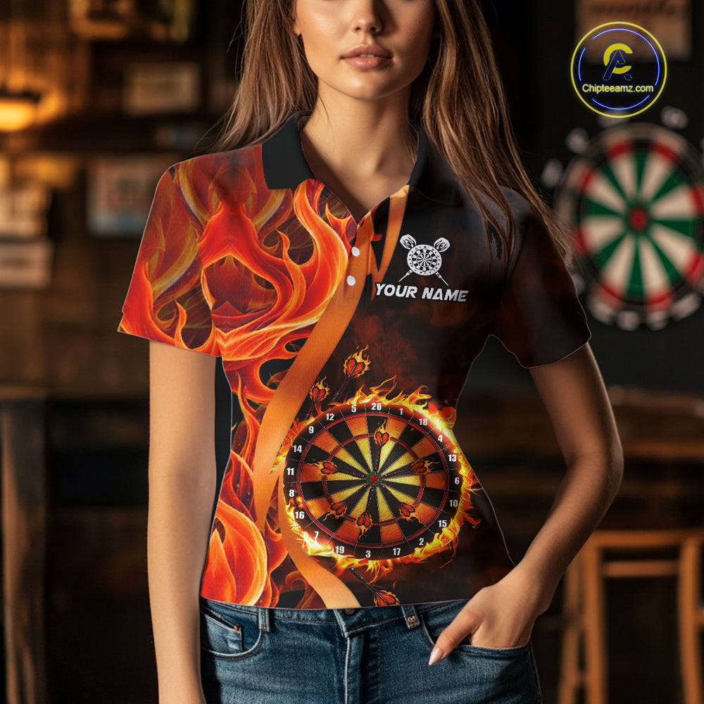 Orange Flaming Dartboard Golden Darts Shirt For Women Custom Darts Jersey Team Polo & 1/4 Zip TDM5351