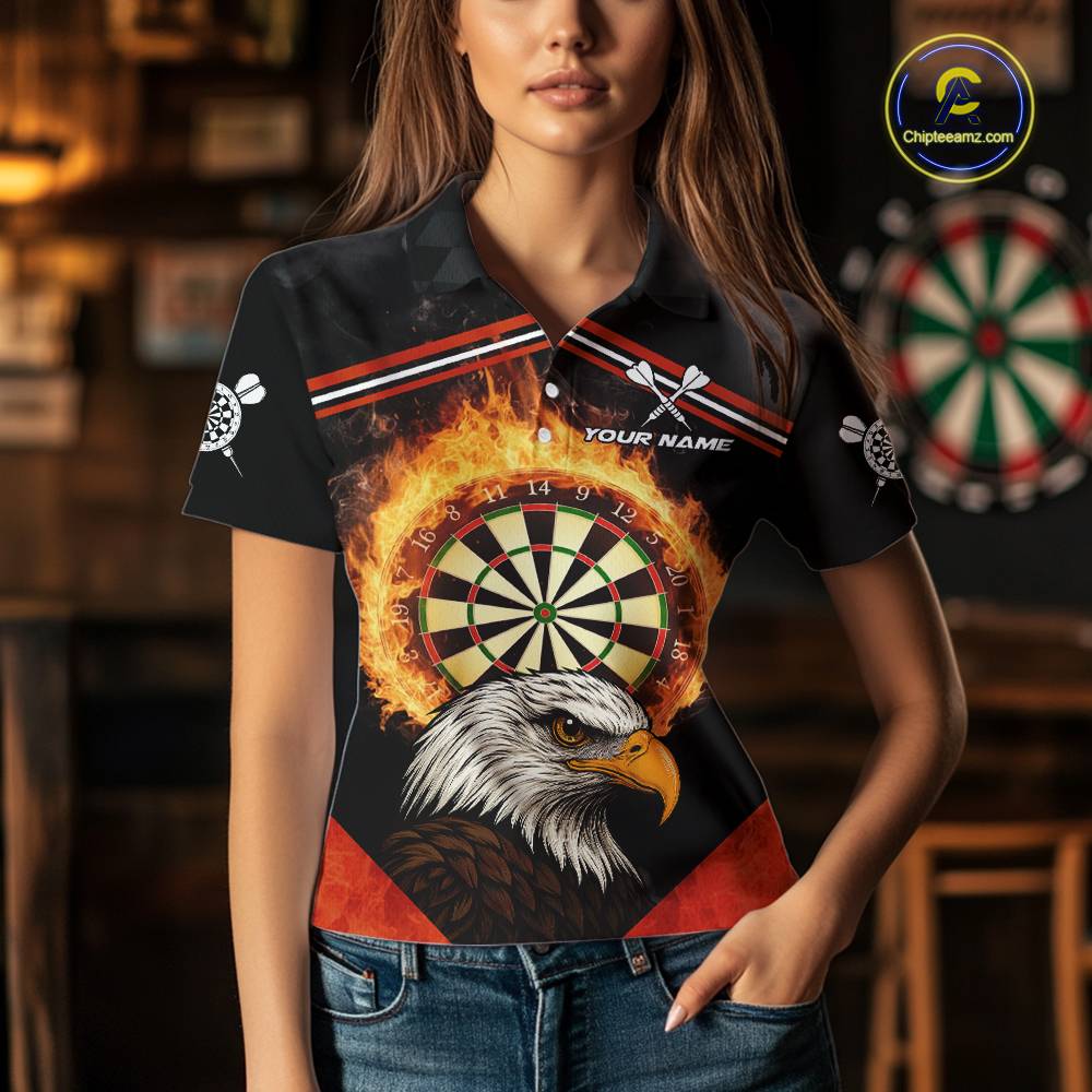 Black And Red Flaming Dartboard Eagle Darts Shirt For Women Custom Darts Jersey Team Polo & 1/4 Zip TDM6007