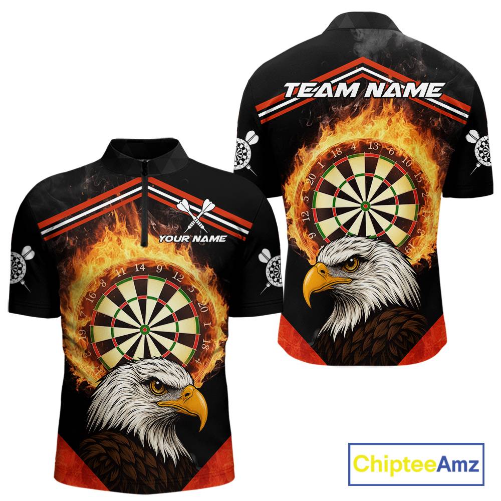 Black And Red Flaming Dartboard Eagle Darts Shirt For Men Custom Darts Jersey Team Polo & 1/4 Zip TDM6007