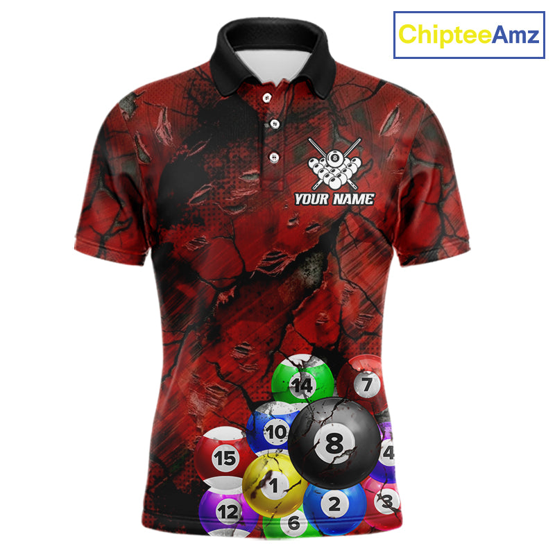 Personalized Red Grunge Cracked 8 Ball Billiard Shirts For Men Custom Team League Billiard Jerseys NYN2982