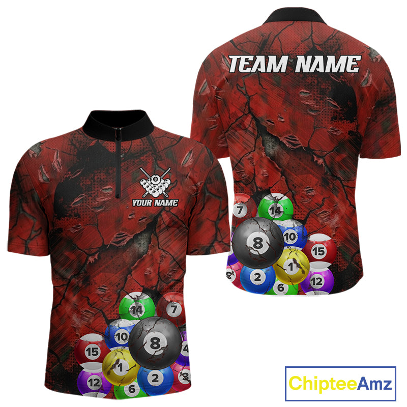 Personalized Red Grunge Cracked 8 Ball Billiard Shirts For Men Custom Team League Billiard Jerseys NYN2982