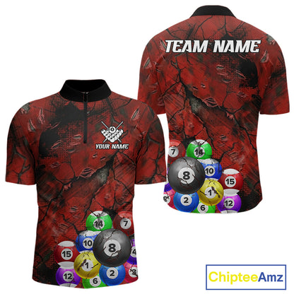 Personalized Red Grunge Cracked 8 Ball Billiard Shirts For Men Custom Team League Billiard Jerseys NYN2982
