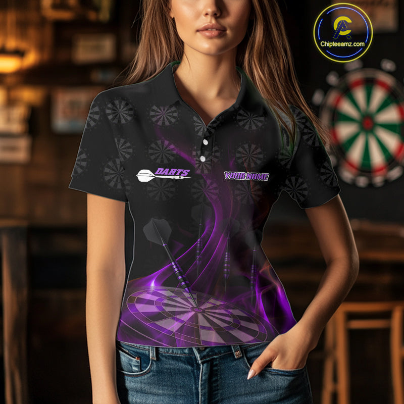 Flaming Dartboard 3D & Dart Arrow Purple Men's Darts Shirt Custom Name For Players NYN0693