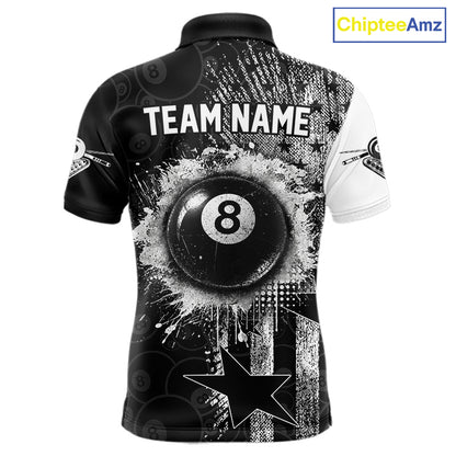 Men's patriotic billiard polo featuring distressed American flag and glowing 8 ball graphics, personalized performance apparel for veterans, military supporters, APA leagues and patriotic pool players, symbolizing freedom, honor and strength.