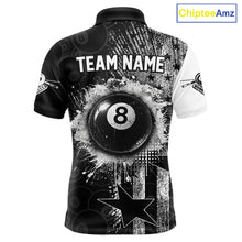 Load image into Gallery viewer, Men's patriotic billiard polo featuring distressed American flag and glowing 8 ball graphics, personalized performance apparel for veterans, military supporters, APA leagues and patriotic pool players, symbolizing freedom, honor and strength.