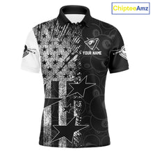 Load image into Gallery viewer, Men's patriotic billiard polo featuring distressed American flag and glowing 8 ball graphics, personalized performance apparel for veterans, military supporters, APA leagues and patriotic pool players, symbolizing freedom, honor and strength.