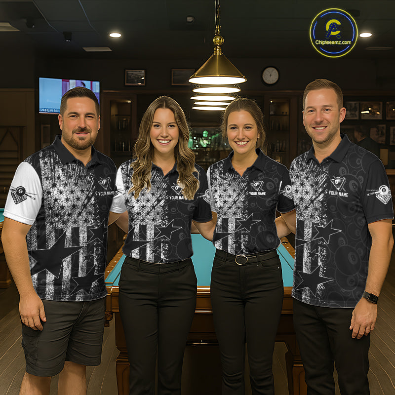 Men women billiard team wearing matching American flag grunge jerseys during league tournaments, personalized uniforms representing patriotism, teamwork, unity, honor and championship performance.