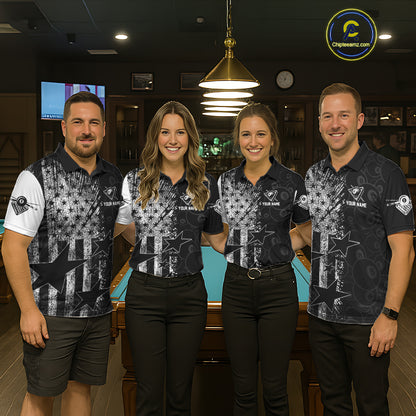 Men women billiard team wearing matching American flag grunge jerseys during league tournaments, personalized uniforms representing patriotism, teamwork, unity, honor and championship performance.