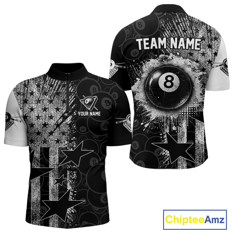 Men's quarter-zip billiard jersey featuring grunge American flag with realistic 8 ball artwork, premium tournament apparel for league championships, Independence Day competitions and patriotic teams, representing leadership, unity and American pride