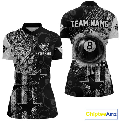 Women's quarter-zip billiard jersey featuring grunge American flag and realistic 8 ball artwork, premium tournament apparel for Independence Day competitions, league championships and patriotic sports teams, representing unity, courage and American pride.