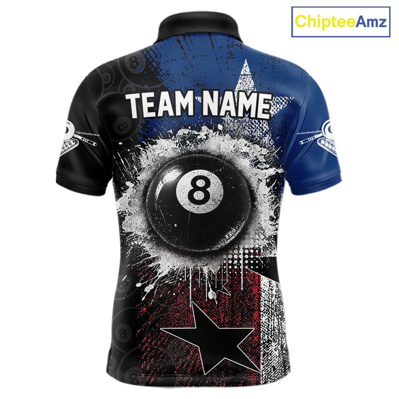 Men's billiard polo featuring distressed Texas flag and realistic 8 ball graphics, personalized performance apparel for Texas pool teams, rodeo enthusiasts, outdoor lifestyle and APA leagues, symbolizing independence, pride and resilience.