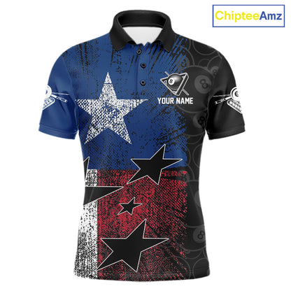 Men's billiard polo featuring distressed Texas flag and realistic 8 ball graphics, personalized performance apparel for Texas pool teams, rodeo enthusiasts, outdoor lifestyle and APA leagues, symbolizing independence, pride and resilience.